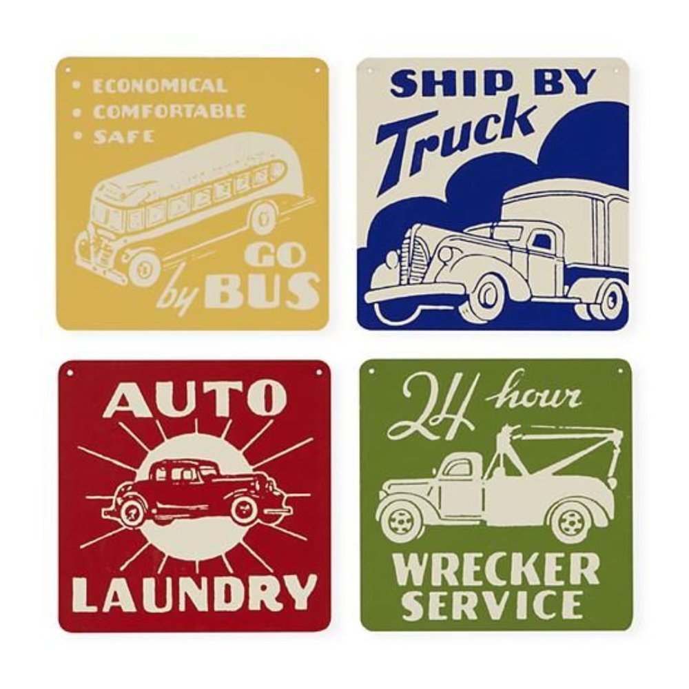 NWT Land of Nod Vintage Transportation Car Truck Metal Signs Wall Art